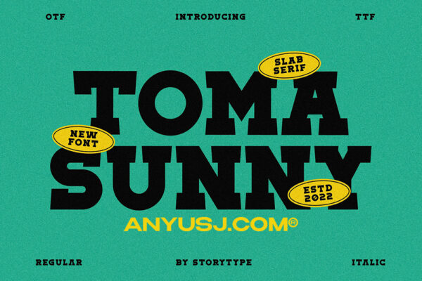 2款现代品牌复古运动趣味卡通海报标题排版艺术西文衬线字体家族Toma Sunny Slab Serif Font-第3753期-