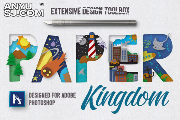360款逼真剪纸手工纸张图形纹理样式文本Logo标题PS特效样机套装Paper Kingdom Photoshop Layer Styles-第3694期-