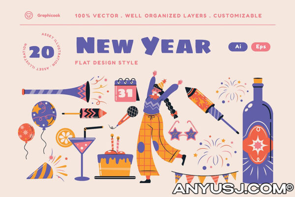 20款复古趣味新年粉色庆祝插画贴纸AI矢量套装Pink Flat Design New Year Illustration Set-第3741期-