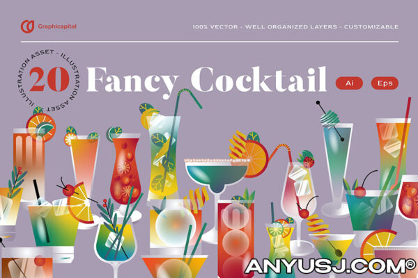 20款复古趣味迷幻渐变饮料鸡尾酒酒杯庆祝插画贴纸AI矢量套装Purple Modern Vancy Cocktail Illustration Set-第3741期-