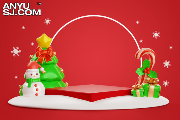 37款圣诞节3D舞台礼物气球雪人产品展示红色喜庆庆祝背景PSD套装Christmas 3D Background