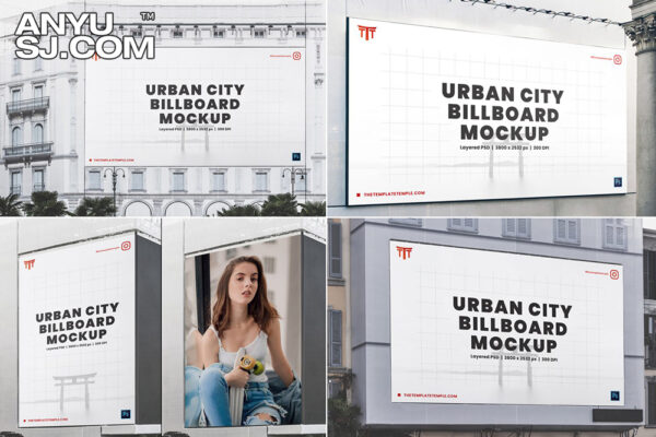 20款城市都市商场广场地铁地下通道户外广告巨型横幅广告牌街道楼房指示牌灯牌设计展示PSD样机组合20 Urban City Billboard Mockups