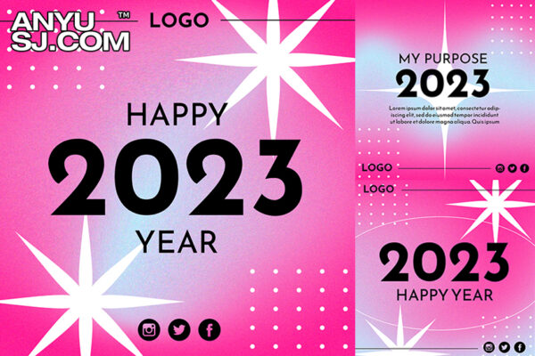 11款2023新年粉色渐变弥散光趣味复古插画海报横幅排版设计源文件-第3737期-