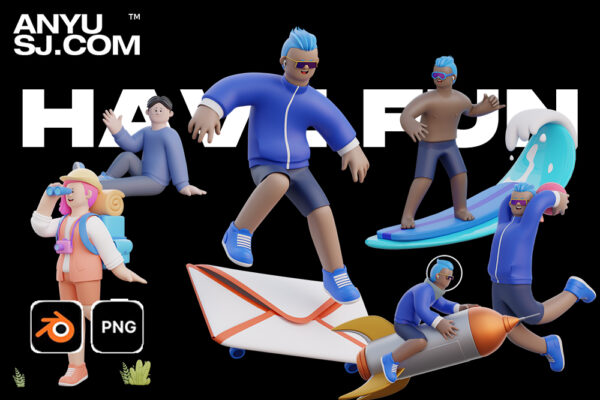 25款高级3D人物角色假期放假旅游玩耍场景姿势插画Blender三维模型设计套装Aisha – Holiday 3D Character Pack