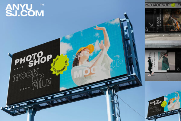 3款街道城市都市店铺商场巨型广告牌横幅海报宣传PSD设计展示样机Billboard Mockup Set