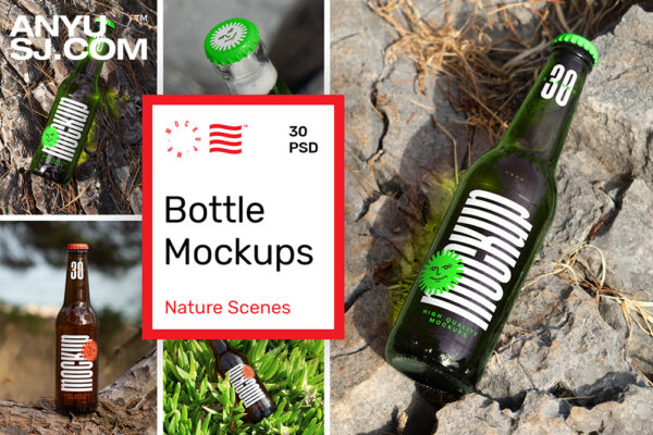 30款真实质感玻璃瓶啤酒瓶可乐瓶汽水瓶饮料瓶标签石块砂砾海滩户外风景包装设计展示PSD样机套装Bottle Mockups— Mr.Mockup-第3765期-