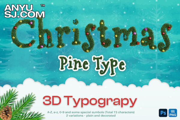 3D渲染真实质感松针圣诞节西文字母数字符号PNG免扣元素装饰字体Christmas Pine Type – 3D Typography