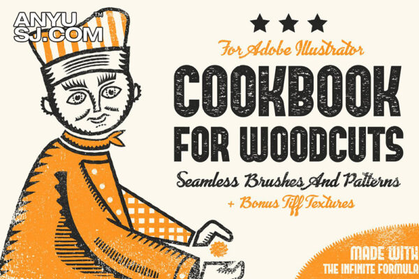 55款复古木刻AI插画艺术矢量画笔无缝背景图案手绘设计套装Cookbook for Woodcuts – Brushes and Patterns