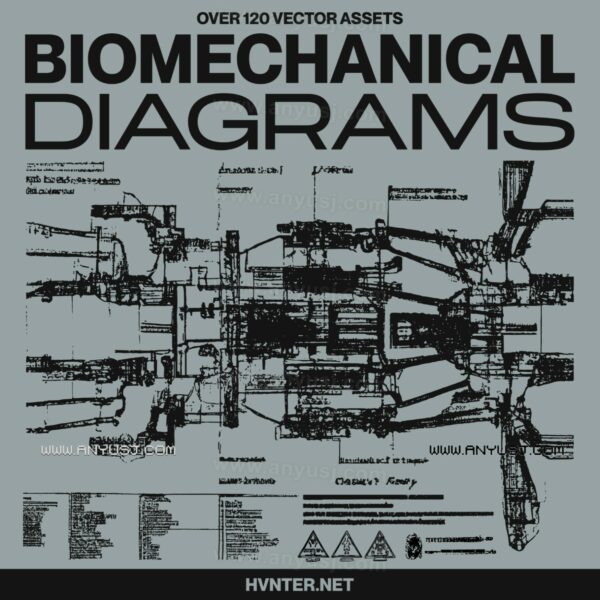120+复古生物机械机甲赛博未来科幻实验数据手稿AI矢量插画套装Biomechanical Diagrams-第3767期-