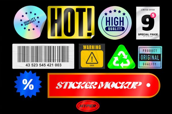 1款质感贴纸logo标志徽标设计展示PSD样机Sticker Collection Mockups