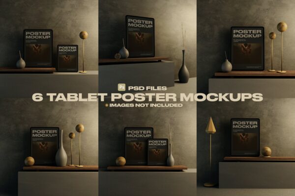 6款暗色桌面石板海报传单相框设计展示PSD样机6 Dark Tablet Poster Mockups