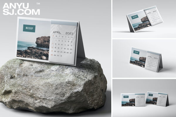 4款极简石块台历日历设计展示PSD样机组合Desk Calendar Mockups