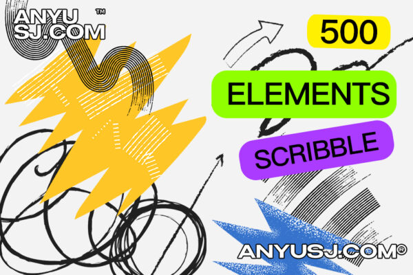 500款灵感手绘涂鸦刮擦抽象线条箭头形状AI插画元素设计套装Elemental scribble