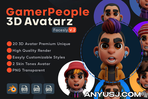 20款3D渲染青年人物形象头像IP插画电子竞技虚拟社交游戏玩家角色Blender/OBJ模型组合UI设计套装Illustration of 3D Avatar – Facesly V.1-第3735期-