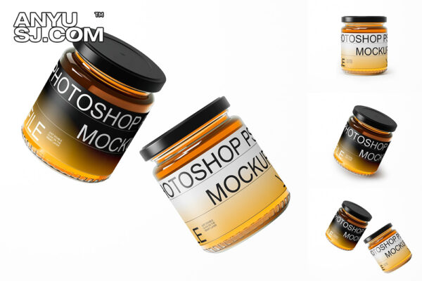 3款质感蜂蜜玻璃罐头玻璃瓶标签包装设计展示PSD样机组合Honey Jar Mockup Set