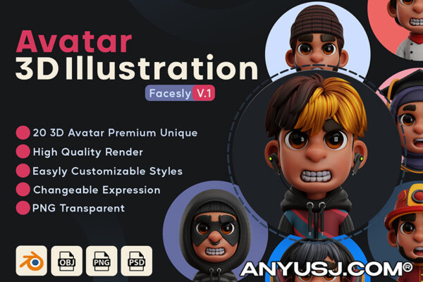 20款3D渲染青年人物形象头像IP插画各行业商业Blender/OBJ模型组合UI设计套装Illustration of 3D Avatar – Facesly V.1-第3735期-
