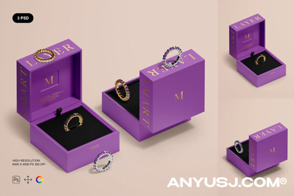 3款高档质感首饰戒指包装盒礼盒礼品盒设计展示PSD样机Jewelry Box Mockup Set2