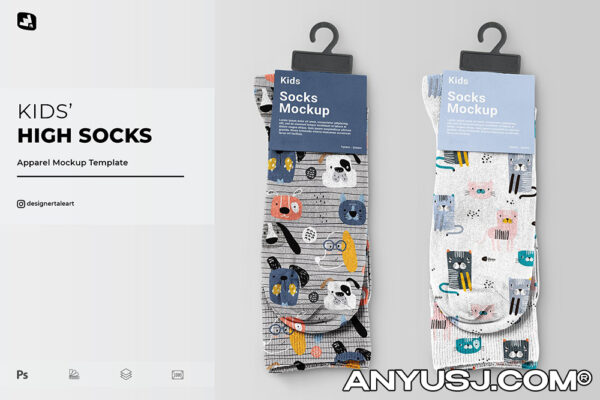 婴儿高筒袜子印花图案设计PSD展示样机素材 Kids High Socks Mockup