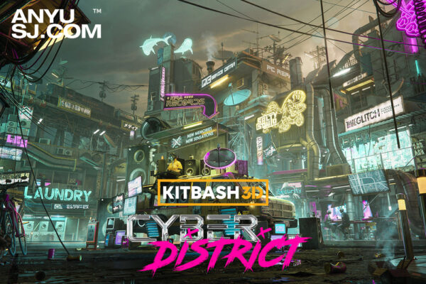未来科幻派赛博朋克城市街头街道建筑楼房大厦商店餐馆游戏建筑3D模型素材 KitBash3D – Cyber District