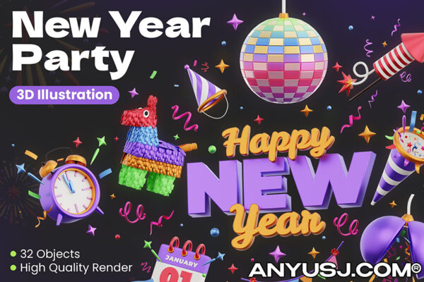 32款2023新年3D渲染派对气球火箭筒灯球日历闹钟标题气氛元素图标插画模型UI设计套装New Year Party 3D Icons-第3743期-
