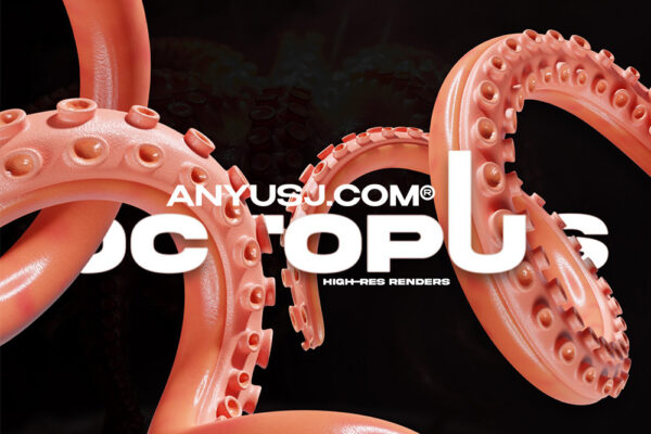 30款3D立体渲染鱿鱼触角多角度创意PNG设计免扣元素套装Octopus-第3809期-