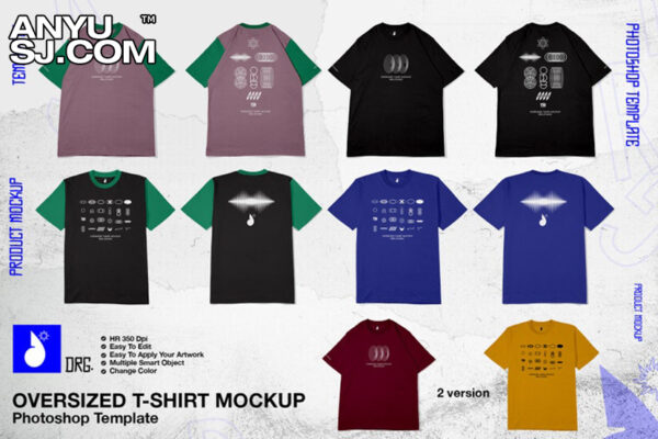 2款超大宽松短袖T恤上衣服装印花设计展示PSD样机组合Oversized T-Shirt Mockup