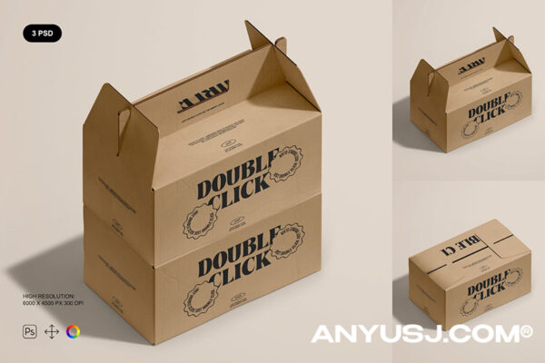3款质感极简牛皮纸手提纸箱纸盒打包盒快递箱包装盒PSD样机组合Paper Box Mockup Set