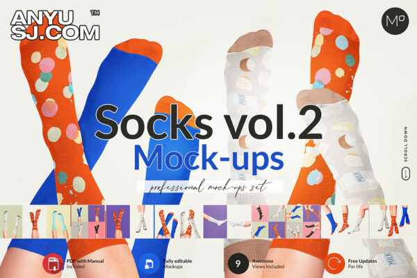 9款时尚逼真长装袜子印花图案Ps智能贴图样机模板 Socks Mockups vol.2