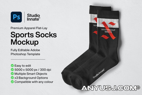 简约运动长筒袜子印花图案设计展示贴图样机 Sports Socks Mockup