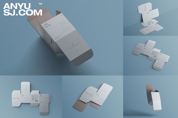 7款高质量正方形盒子展开图刀图纸盒包装设计贴图展示样机模板 Unfolded Square Box Mockup
