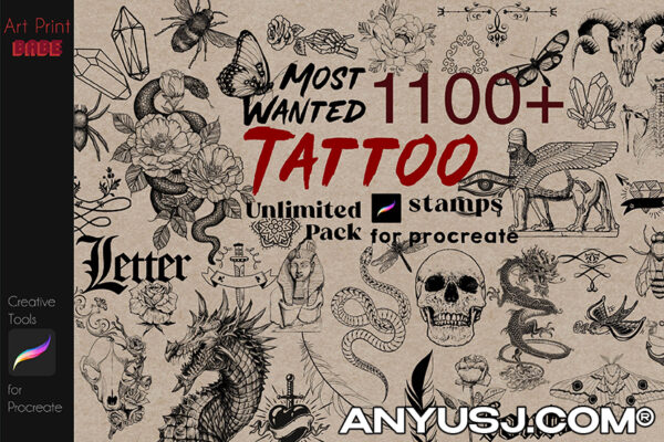 1100+复古手绘纹身蛇头骨蝴蝶骷髅龙玫瑰水晶昆虫羽毛埃及希腊Procreate图章笔刷大合集Unlimited Tattoo Full Pack Stamp Art-第3692期-