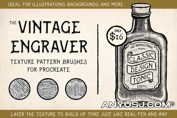 15款复古逼真手绘雕刻半调图案Procreate笔刷套装Vintage Engraver – Procreate Brushes