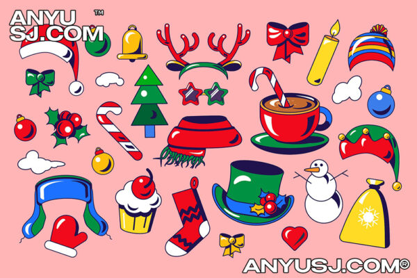 30款复古圣诞节冬季蝴蝶结围巾雪人蜡烛手套袜子蛋糕鹿角玩具球AI矢量插画图标图形标志徽标logo设计Winter Christmas Symbols