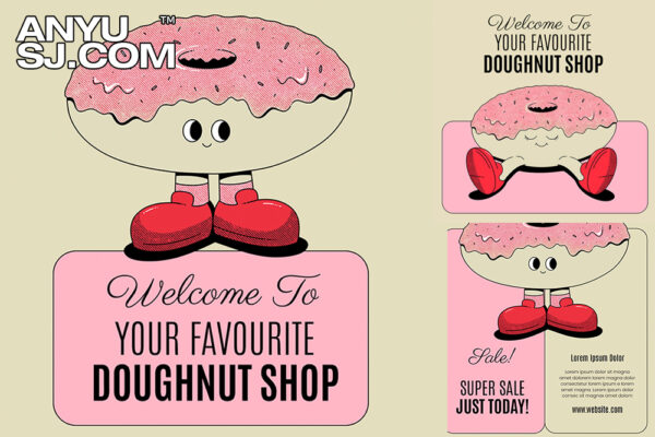 11款复古卡通甜甜圈人物IP插画趣味电商品牌宣传海报排版PSD源文件-第3972期-