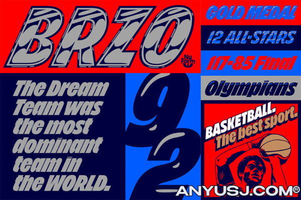 复古90年代篮球运动重型海报排版标题logo徽标无衬线装饰西文BRZO by NuForm Type-第3939期-