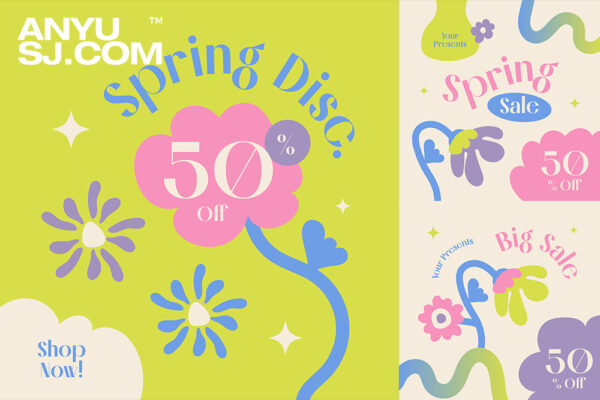 8款春季花卉现代品牌促销海报排版插画设计PS/AI源文件Soft Color Hand Drawn Spring Sale Banner-第3961期-