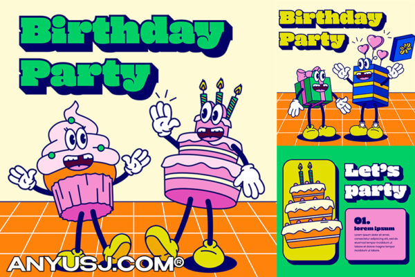 11款复古卡通蛋糕礼物生日庆祝儿童角色IP插画趣味电商品牌宣传海报排版PSD源文件-第3972期-