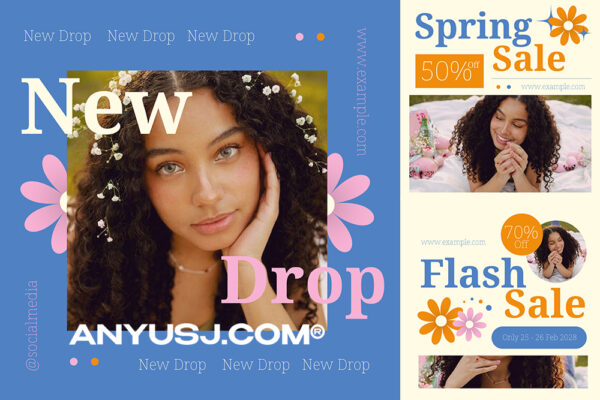 12款蓝色春季花卉现代品牌促销海报排版插画设计PS/AI源文件Blue Floral Spring Fashion Sale Instagram Pack-第3961期-