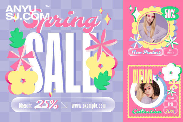 12款粉色春季花卉现代品牌促销海报排版插画设计PS/AI源文件Pink 3D Spring Fashion Sale Instagram Pack-第3961期-