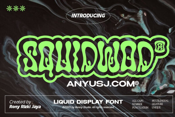 复古趣味涂鸦街头气泡Y2K流体抽象艺术海报标题排版logo装饰手写西文字体Squidwod – Liquid Display Font 第3976期-