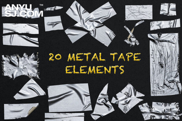 20款质感逼真银色金属胶带PNG免扣素材套装20 Realistic Metal Tape Isolated Object Overlays