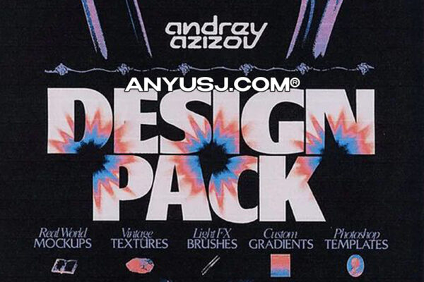 50+复古半调做旧笔刷渐变海报背景肌理样机PS设计师套装ANDREY AZIZOV DESIGN PACK #5-第3895期-