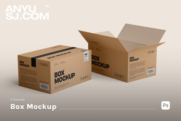3款极简纸盒纸箱快递箱外包装PSD样机组合Box Packaging Mockup
