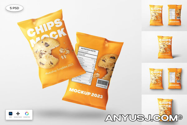5款薯片零食食品包装袋塑料袋真空袋设计展示PSD样机Chips Bag Mockup