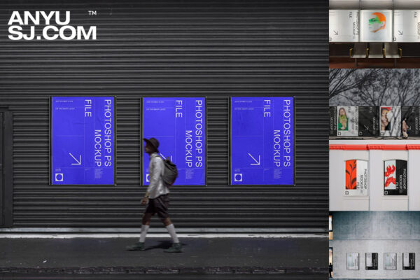 5款质感城市户外街头街道灯箱车站广告灯牌墙贴PSD样机组合City Advertising Mockup Set