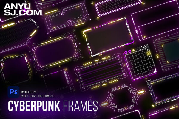 18款赛博科技边框框架未来主义发光数据化科幻仪表盘图案元素形状背景设计Cyberpunk Frames-第3994期-