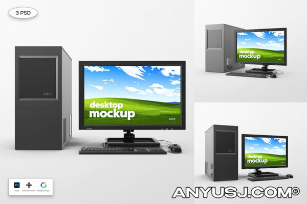 3款台式电脑显示器UI屏幕界面设计展示样机Desktop Computer Set Mockup