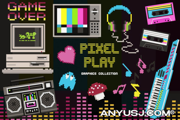 16款复古90年代8位像素艺术键盘音乐音符磁带台式电脑收音机AI矢量插画设计Entertainment Pixel Clip Art Collection