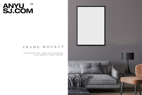 极简室内客厅相框画框艺术品展示PSD样机Frame Mockup #2537, Beige Portrait Frame, Interior
