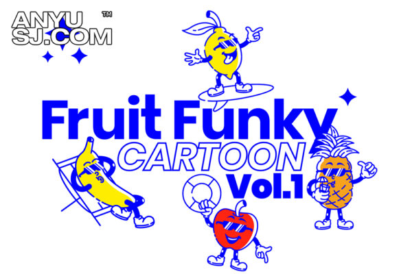 20款复古60年代趣味卡通水果饮料餐饮IP人物角色插画AI设计源文件Funky Fruit Cartoon (Vol. 01)-第3959期-
